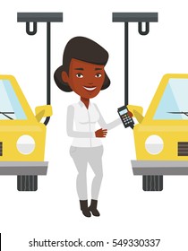 African-american worker of car factory. Smiling engineer at work on car factory. Worker controlling automated assembly line for cars. Vector flat design illustration isolated on white background.