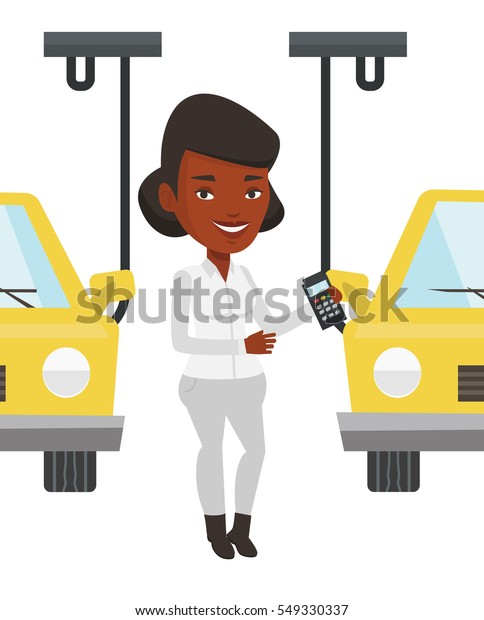 African-american worker of car factory.\
Smiling engineer at work on car factory. Worker controlling\
automated assembly line for cars. Vector flat design illustration\
isolated on white\
background.
