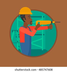 An african-american worker drilling a hole in the wall. Young man in overalls and hard hat working with hammer drill indoors. Vector flat design illustration in the circle isolated on background.