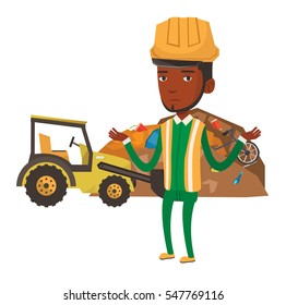 Trabalhador afro-americano de lixão parado com braços abertos. Jovem parado no fundo do depósito de lixo e escavadeira. Ilustração de design plano vetorial isolada sobre fundo branco.