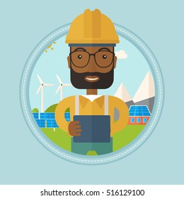 African-american worker of solar power plant. Worker with tablet computer at solar power plant. Worker checking solar panel setup. Vector flat design illustration in the circle isolated on background.