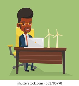 Ein afrikanischer amerikanischer Arbeiter des Windparks, der auf Laptops arbeitet. Ingenieur, der Windturbine projiziert. Mitarbeiter mit Modell der Windturbine. Vektorflache Design-Illustration. Quadratisches Layout.