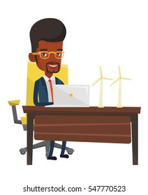 Trabajador afroamericano de parques eólicos trabajando en una laptop. Ingeniero proyectando turbina eólica. Trabajador sonriente con modelo de turbina eólica. Ilustración de diseño plana vectorial aislada en fondo blanco.