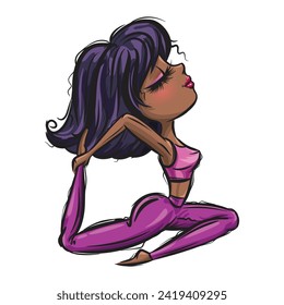 African-american yoga girl. Healthy life style. Yoga routine. Classic yoga asanas. Sport exercise in usual life. Cartoon style girls. Yoga for children