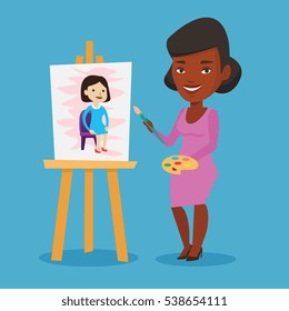 An african-american young artist painting a female model on canvas. Creative female artist drawing on an easel. Cheerful artist working on painting. Vector flat design illustration. Square layout.