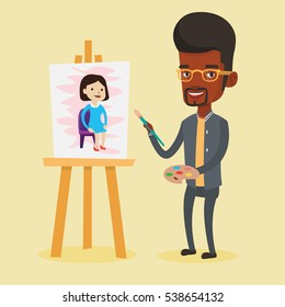 African-american young artist painting a female model on canvas. Creative smiling male artist drawing on an easel. Cheerful artist working on painting. Vector flat design illustration. Square layout.