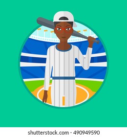 An african-american young baseball player standing on a baseball stadium. Female professional baseball player holding a bat. Vector flat design illustration in the circle isolated on background.
