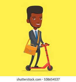 An african-american young business man riding a kick scooter. Business man with briefcase riding to work on kick scooter. Businessman on a kick scooter. Vector flat design illustration. Square layout.