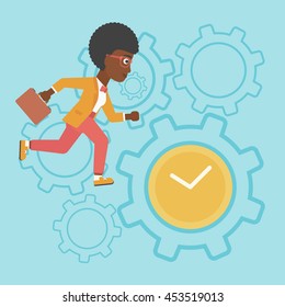 An african-american young business woman with briefcase running on a blue background with clock and cogwheels. Vector flat design illustration. Square layout.