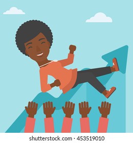 An african-american young business woman get thrown into the air by coworkers during celebration. Successful business concept. Vector flat design illustration. Square layout.