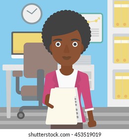 An african-american young business woman giving a resume in office. Woman giving to the employer her curriculum vitae. Job interview concept. Vector flat design illustration. Square layout.