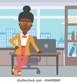 An african-american young business woman leaning on a table in the office. Young smiling business woman standing in the office. Vector flat design illustration. Square layout.