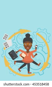 An african-american young business woman with many legs and hands holding papers, briefcase, smartphone. Multitasking and productivity concept. Vector flat design illustration. Vertical layout.