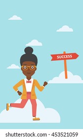 An african-american young business woman running in the sky near direction sign success. Vector flat design illustration. Vertical layout.