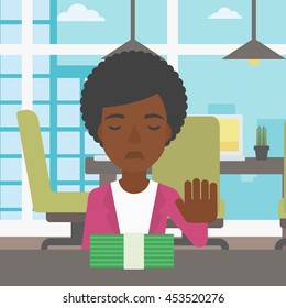 An african-american young business woman sitting at the table in office and moving dollar bills away. Vector flat design illustration. Square layout.