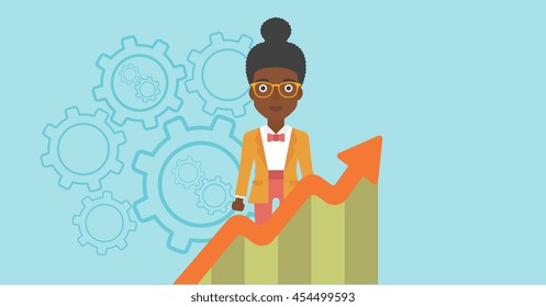 An african-american young business woman standing behind growing chart. Successful business concept. Vector flat design illustration. Horizontal layout.