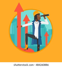 An african-american young business woman standing on the top of arrow and looking through spyglass. Concept of business vision. Vector flat design illustration in the circle isolated on background.