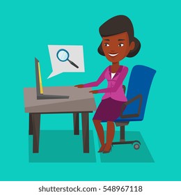 An african-american young business wpman working on her laptop in office and searching information on internet. Internet search and job search concept. Vector flat design illustration. Square layout.