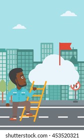 An african-american young businessman climbing up the ladder to get the red flag on the top of the cloud. Vector flat design illustration. Vertical layout.