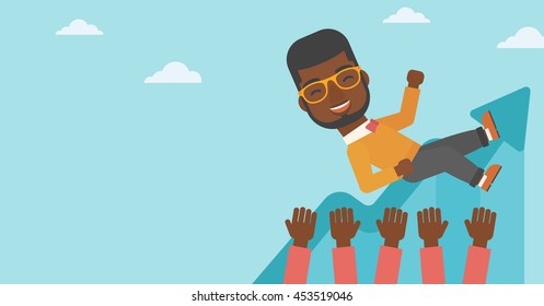 An african-american young businessman get thrown into the air by coworkers during celebration. Successful business concept. Vector flat design illustration. Horizontal layout.