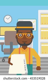 An african-american young businessman giving a resume in office. Man giving to the employer his curriculum vitae. Job interview concept. Vector flat design illustration. Vertical layout.
