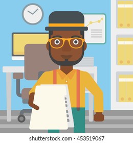 An african-american young businessman giving a resume in office. Man giving to the employer his curriculum vitae. Job interview concept. Vector flat design illustration. Square layout.