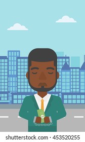 An african-american young businessman in handcuffs with money in hands on the background of modern city. Businessman handcuffed for crime. Vector flat design illustration. Vertical layout.