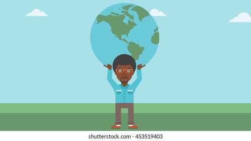 An african-american young businessman holding a big Earth globe over his head. Concept of global business. Vector flat design illustration. Horizontal layout.