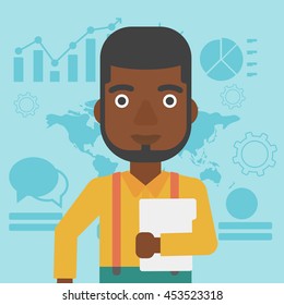 An african-american young businessman holding a file in hand while standing with growing chart and a map on a background. Vector flat design illustration. Square layout.