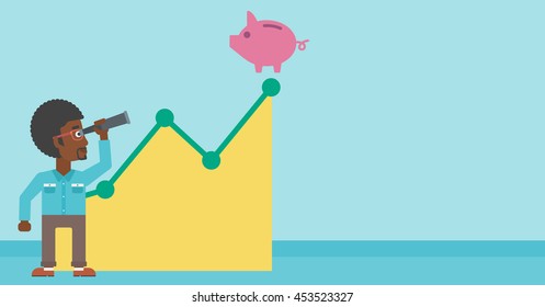 An african-american young businessman looking through spyglass at a piggy bank standing at the top of growth graph. Vector flat design illustration. Horizontal layout.