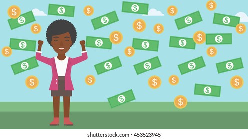 An african-american young businessman with raised hands standing under money rain. Successful business concept. Vector flat design illustration. Horizontal layout.
