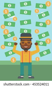 An african-american young businessman with raised hands standing under money rain. Successful business concept. Vector flat design illustration. Vertical layout.