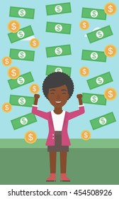An african-american young businessman with raised hands standing under money rain. Successful business concept. Vector flat design illustration. Vertical layout.