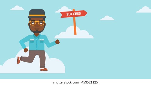 An african-american young businessman running in the sky near direction sign success. Vector flat design illustration. Horizontal layout.