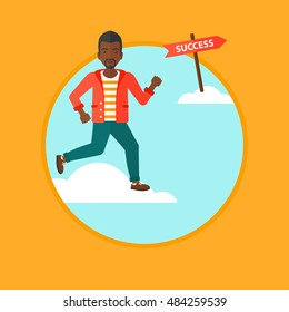 An african-american young businessman running in the sky near direction sign success. Happy businessman running to success. Vector flat design illustration in the circle isolated on background.