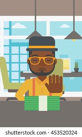 An african-american young businessman sitting at the table in office and moving dollar bills away. Vector flat design illustration. Vertical layout.