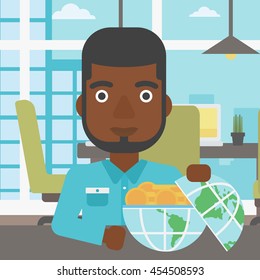 An african-american young businessman sitting at the table in office with a Earth globe full of gold coins. Concept of global business. Vector flat design illustration. Square layout.