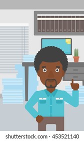 An african-american young businessman standing in the office and pointing up with his forefinger. Business idea concept. Vector flat design illustration. Vertical layout.