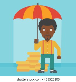 An african-american young businessman standing in the rain and holding an umbrella over coins. Business insurance concept. Vector flat design illustration. Square layout.