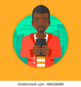 An african-american young businessman using smartphone on a city background. Smiling businessman using smartphone for work. Vector flat design illustration in the circle isolated on background.