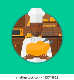 An african-american young chief cooker holding whole baked chicken in the kitchen. Chief cooker with roasted chicken. Vector flat design illustration in the circle isolated on background.