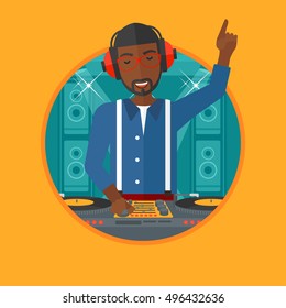 An african-american young DJ mixing music on turntables on the stage of nightclub. DJ playing and mixing music on deck. Vector flat design illustration in the circle isolated on background.
