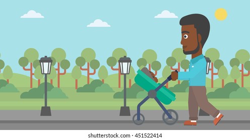 An african-american young father walking with baby stroller in the park. Father walking with his baby in stroller. Father pushing baby stroller. Vector flat design illustration. Horizontal layout.