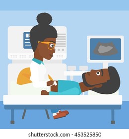 An african-american young female doctor examining internal organs of a male patient on the modern ultrasound equipment at medical office. Vector flat design illustration. Square layout.