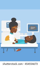 An african-american young female doctor examining internal organs of a male patient on the modern ultrasound equipment at medical office. Vector flat design illustration. Vertical layout.