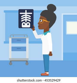 An african-american young female doctor looking at a skeleton radiograph in the medical office. Vector flat design illustration. Square layout.