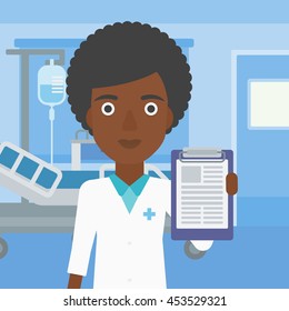 An african-american young female doctor showing clipboard with prescription while standing on the background of hospital room. Vector flat design illustration. Square layout.