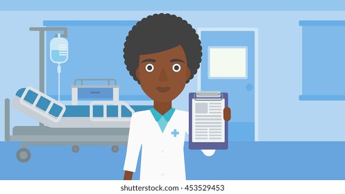 An african-american young female doctor showing clipboard with prescription while standing on the background of hospital room. Vector flat design illustration. Horizontal layout.