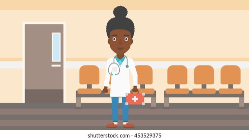 An african-american young female doctor in uniform with first aid kit standing in the hospital corridor. Vector flat design illustration. Horizontal layout.