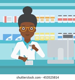 An african-american young female pharmacist in medical gown standing at pharmacy counter, writing on clipboard and holding prescription in hand. Vector flat design illustration. Square layout.